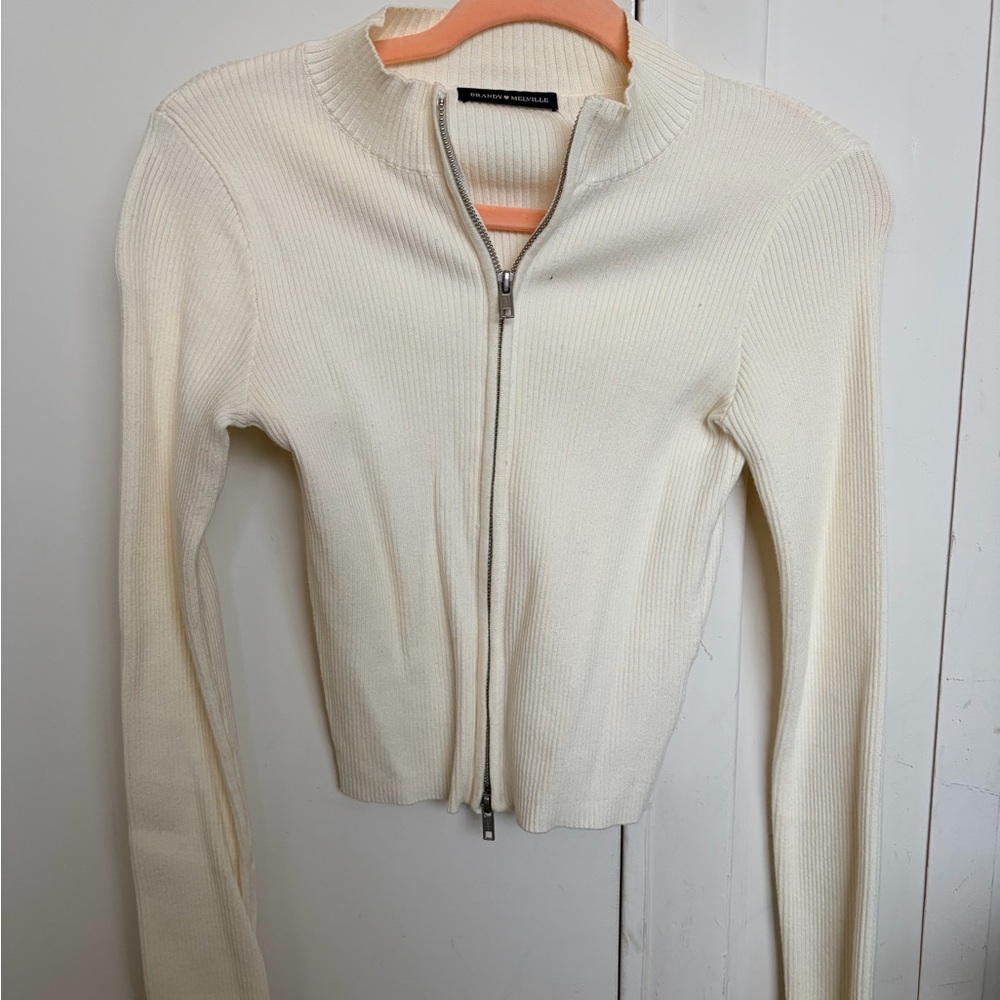 Brandy Melville Off-White Ribbed Zip-Up Jacket